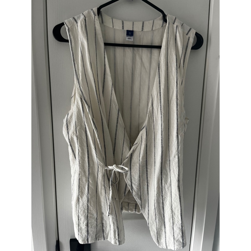 Old Navy Womens XL Ivory Navy Blue Striped Sleeveless Side Tie Wrap Vest Linen - Picture 5 of 9